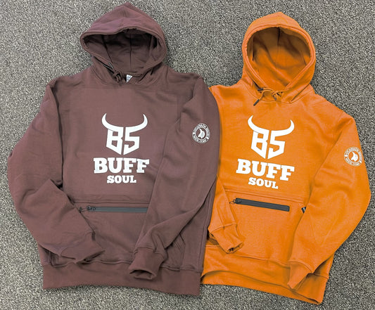 Our BUFF Soul Hoodies come in brown or burnt orange with our BUFF Soul logo on the front and the O'Canada Bison Wool Corp Logo on the left shoulder